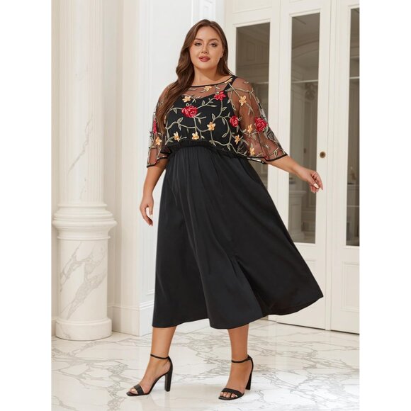Women Plus Size Formal Dress with Floral Embroidery and Detachable Cape - Picture 8 of 8